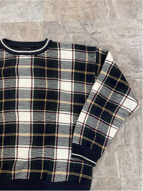VTG 90s Hunt Club Black Multicolor Plaid Windowpane Cotton Knit Sweater XL
